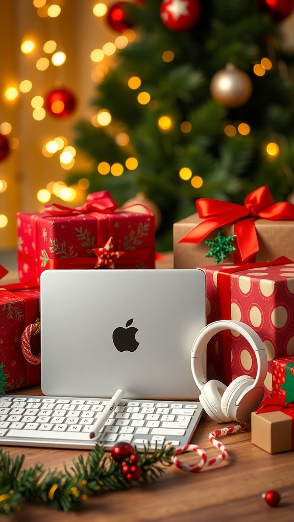 A collection of Christmas gifts for iPad users including an iPad, Apple Pencil, Bluetooth keyboard, and headphones, surrounded by holiday decorations.